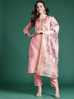 Floral Embroidered Thread Work Kurta with Trousers & With Dupatta 1