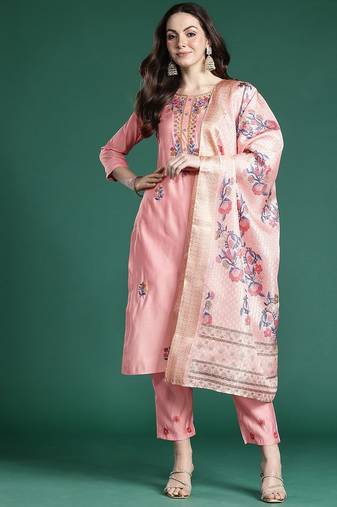Floral Embroidered Thread Work Kurta with Trousers & With Dupatta