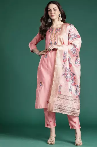 Floral Embroidered Thread Work Kurta with Trousers & With Dupatta