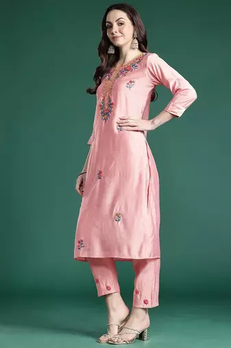 Floral Embroidered Thread Work Kurta with Trousers & With Dupatta