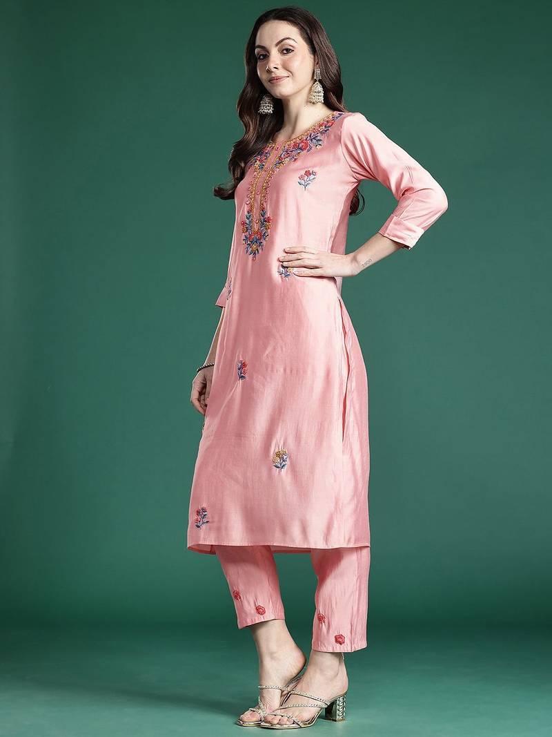 Floral Embroidered Thread Work Kurta with Trousers & With Dupatta