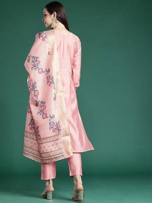 Floral Embroidered Thread Work Kurta with Trousers & With Dupatta 7