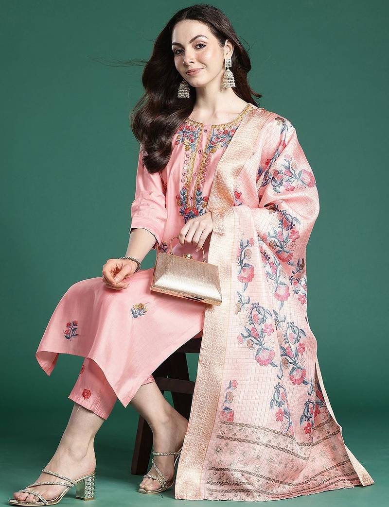 Floral Embroidered Thread Work Kurta with Trousers & With Dupatta