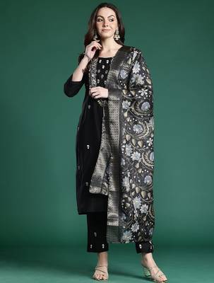 Floral Embroidered Thread Work Kurta with Trousers & With Dupatta 1