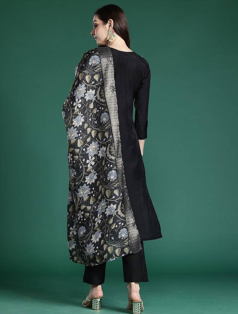Floral Embroidered Thread Work Kurta with Trousers & With Dupatta
