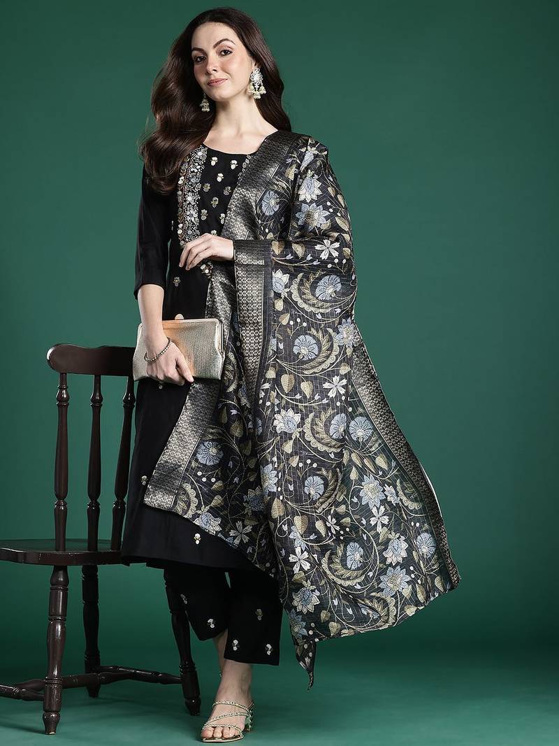 Floral Embroidered Thread Work Kurta with Trousers & With Dupatta