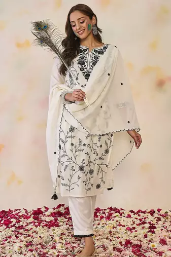 Women Floral Embroidered Regular Thread Work Kurta with Trousers & With Dupatta