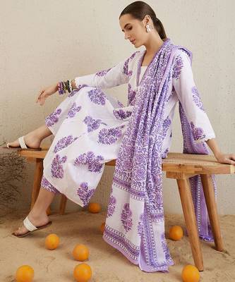 Women Floral Printed Panelled Pure Cotton Kurta with Palazzos & With Dupatta 1