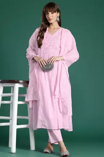 Floral Embroidered Panelled Thread Work Pure Cotton Kurta with Trousers & Dupatta