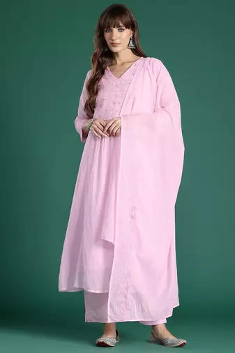 Floral Embroidered Panelled Thread Work Pure Cotton Kurta with Trousers & Dupatta