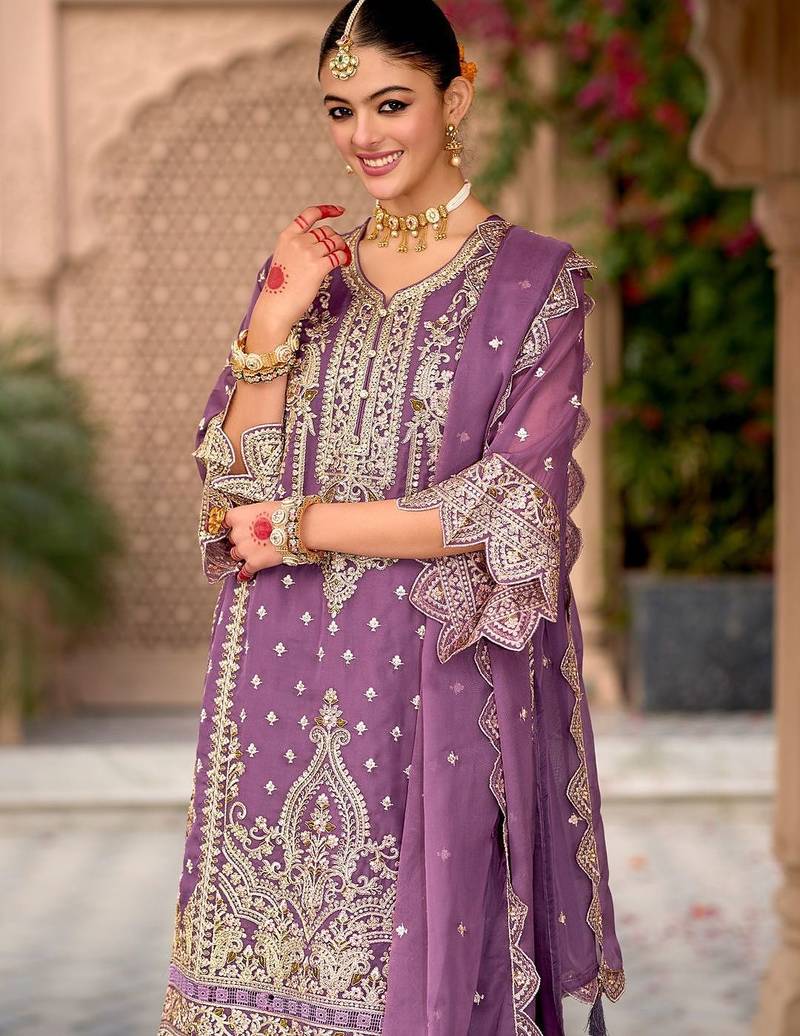 Ethnic Motifs Embroidered Zari Organza Kurta With Trousers And Dupatta
