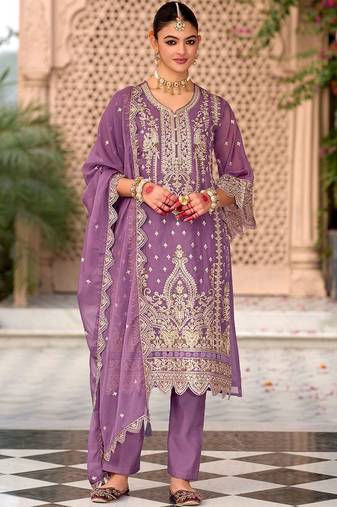 Ethnic Motifs Embroidered Zari Organza Kurta With Trousers And Dupatta