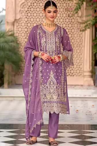 Ethnic Motifs Embroidered Zari Organza Kurta With Trousers And Dupatta