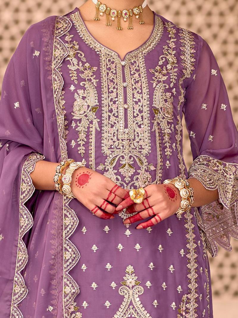 Ethnic Motifs Embroidered Zari Organza Kurta With Trousers And Dupatta