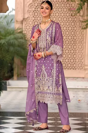 Ethnic Motifs Embroidered Zari Organza Kurta With Trousers And Dupatta