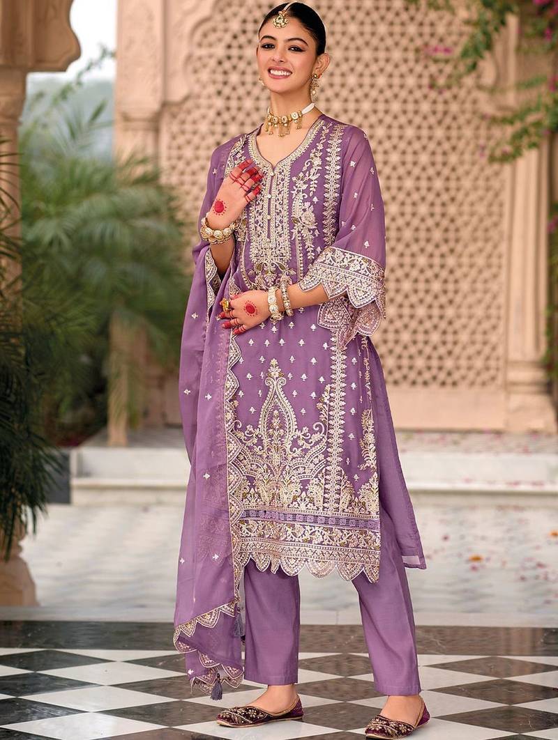 Ethnic Motifs Embroidered Zari Organza Kurta With Trousers And Dupatta