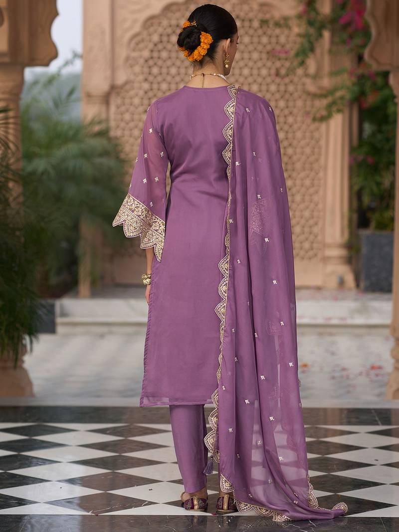 Ethnic Motifs Embroidered Zari Organza Kurta With Trousers And Dupatta
