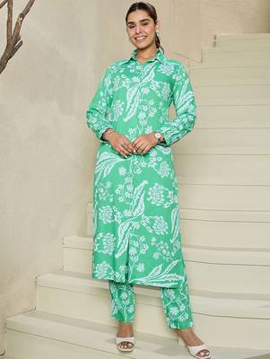 Floral Printed Shirt Collar Kurta With Trousers 3