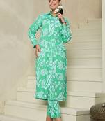 Floral Printed Shirt Collar Kurta With Trousers