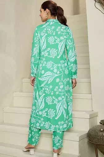 Floral Printed Shirt Collar Kurta With Trousers