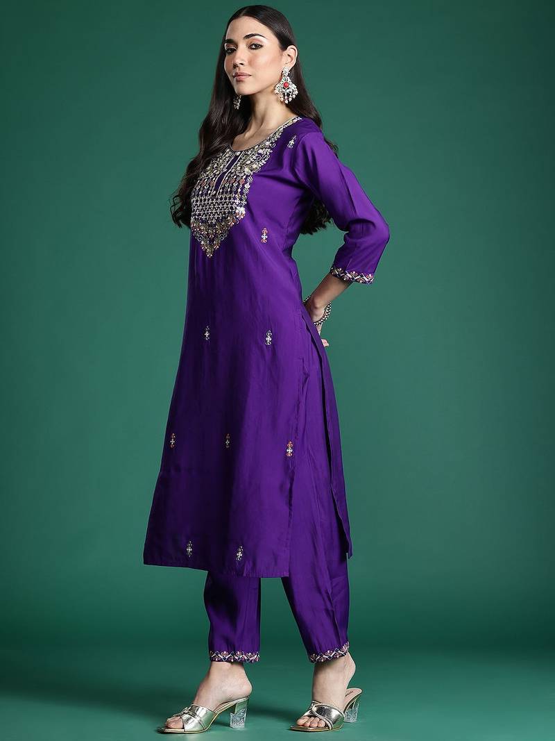 Ethnic Motifs Embroidered Sequinned Kurta with Trousers & With Dupatta