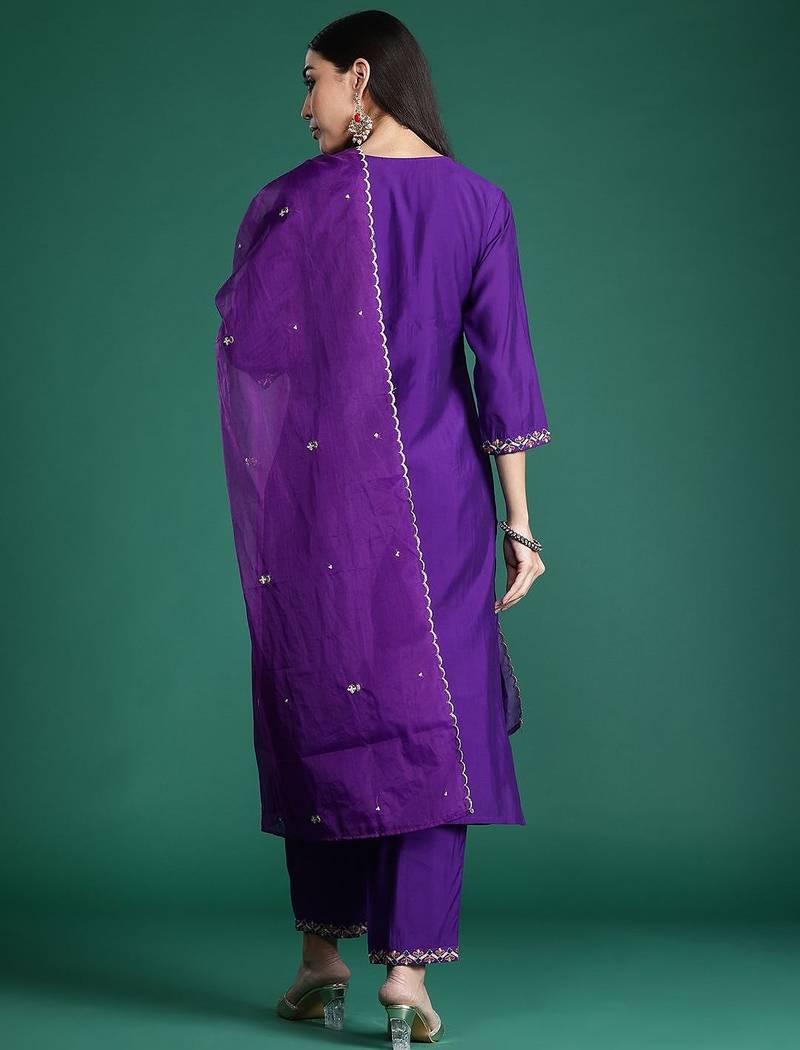 Ethnic Motifs Embroidered Sequinned Kurta with Trousers & With Dupatta