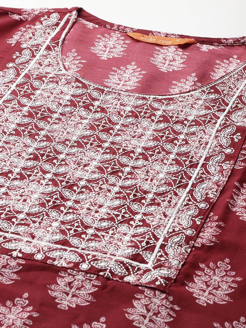 Ethnic Motifs Printed Thread Work Kurta with Trousers & With Dupatta