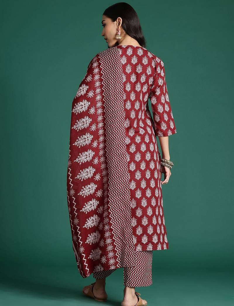 Ethnic Motifs Printed Thread Work Kurta with Trousers & With Dupatta