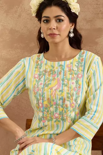 Floral Embroidered Pure Cotton Straight Kurta with Trouser