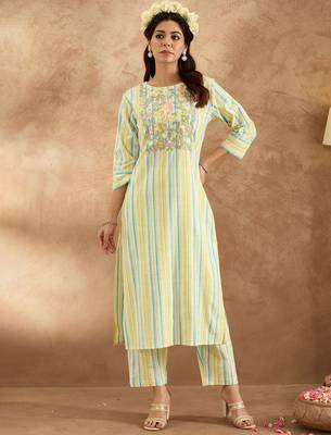 Floral Embroidered Pure Cotton Straight Kurta with Trouser 1