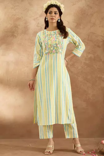 Floral Embroidered Pure Cotton Straight Kurta with Trouser