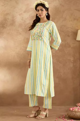 Floral Embroidered Pure Cotton Straight Kurta with Trouser
