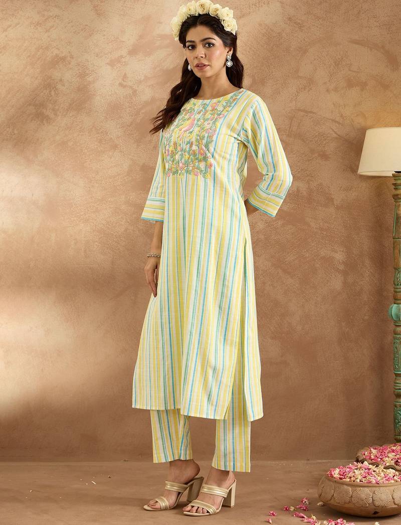 Floral Embroidered Pure Cotton Straight Kurta with Trouser