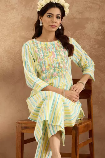 Floral Embroidered Pure Cotton Straight Kurta with Trouser