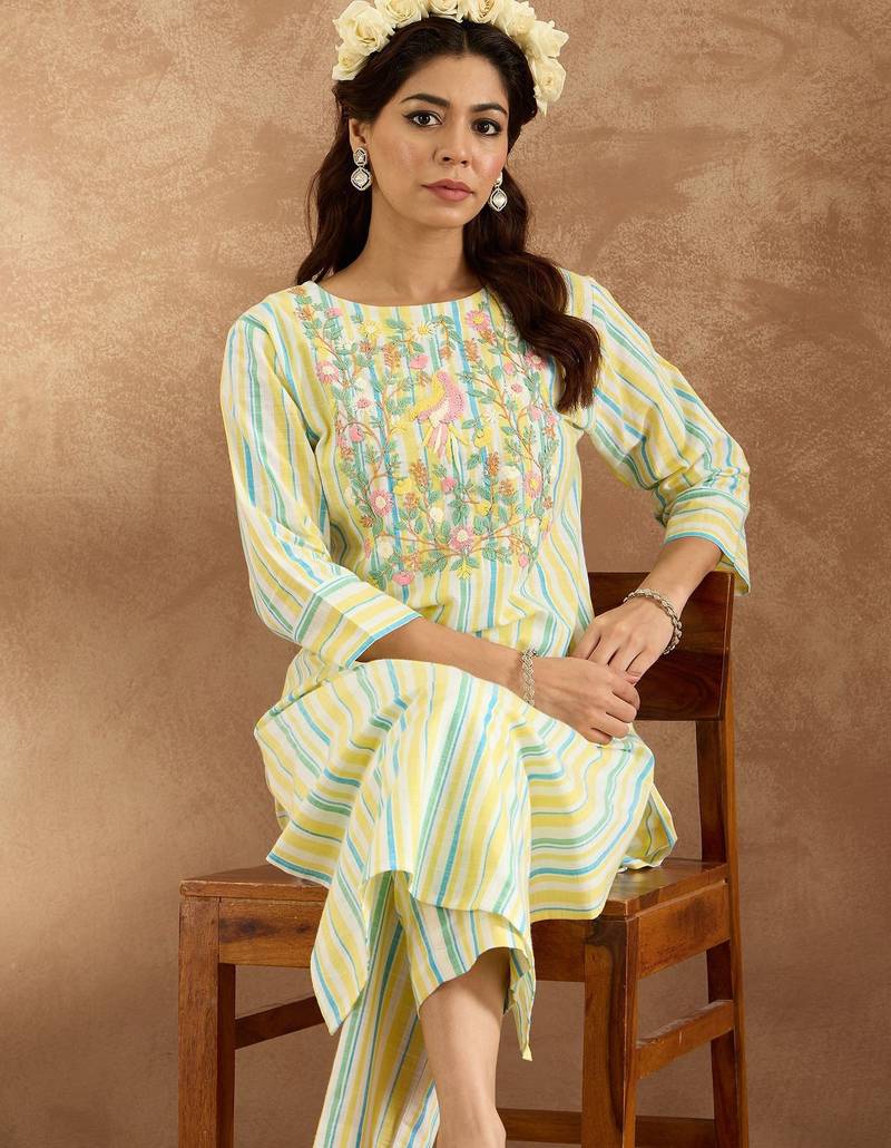 Floral Embroidered Pure Cotton Straight Kurta with Trouser