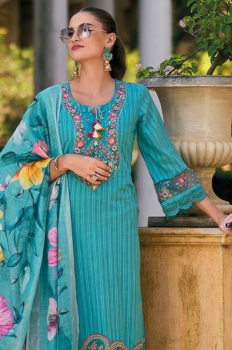 floral embroidered regular thread work  cotton kurta with trousers & dupatta