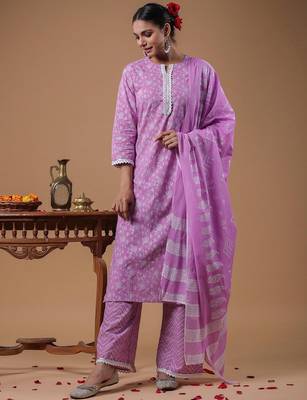 Women Lavender Floral Printed Regular Kurta with Palazzos & With Dupatta 4