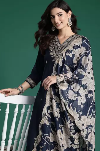 Ethnic Motifs Embroidered Sequinned Kurta with Salwar & With Dupatta