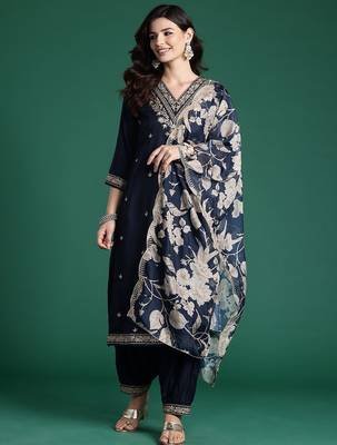 Ethnic Motifs Embroidered Sequinned Kurta with Salwar & With Dupatta 1