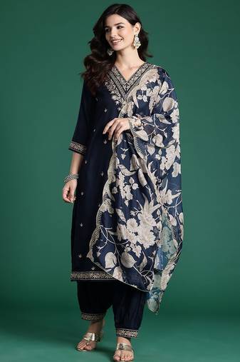 Ethnic Motifs Embroidered Sequinned Kurta with Salwar & With Dupatta