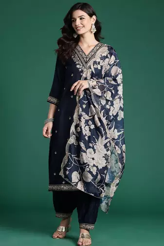Ethnic Motifs Embroidered Sequinned Kurta with Salwar & With Dupatta