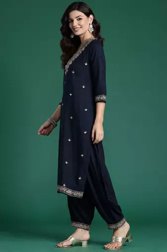 Ethnic Motifs Embroidered Sequinned Kurta with Salwar & With Dupatta