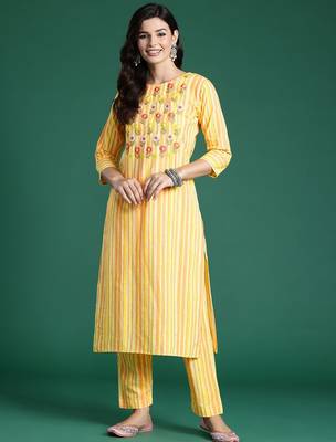 Floral Embroidered Thread Work Pure Cotton Kurta with Trousers 1