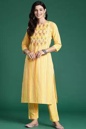 Floral Embroidered Thread Work Pure Cotton Kurta with Trousers