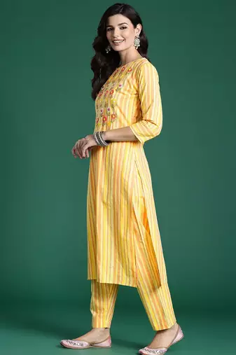 Floral Embroidered Thread Work Pure Cotton Kurta with Trousers