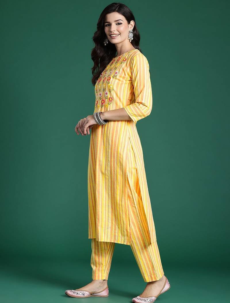 Floral Embroidered Thread Work Pure Cotton Kurta with Trousers