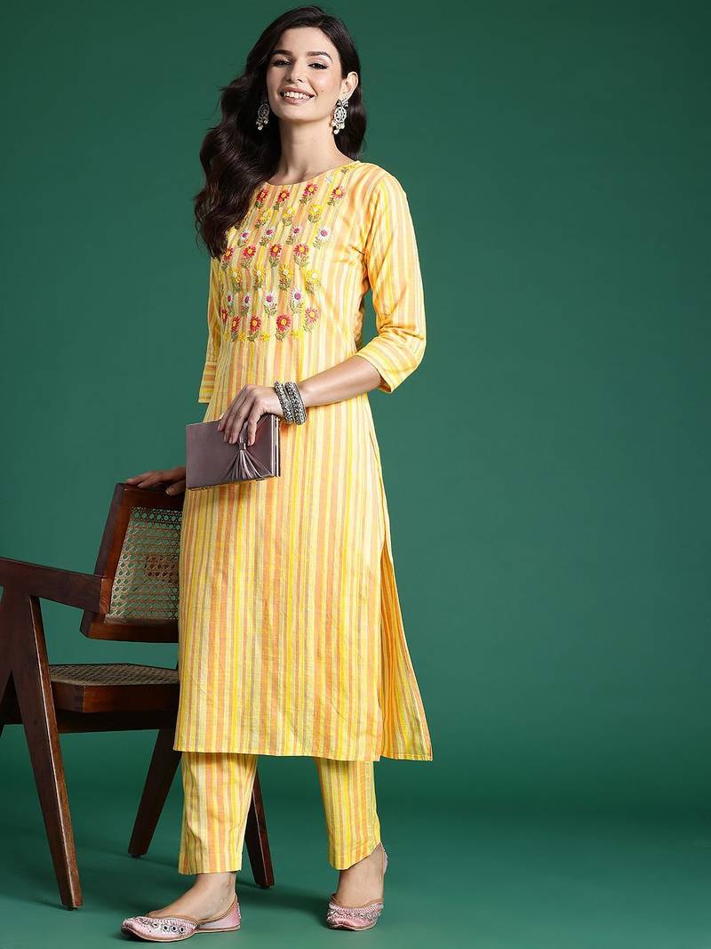 Floral Embroidered Thread Work Pure Cotton Kurta with Trousers