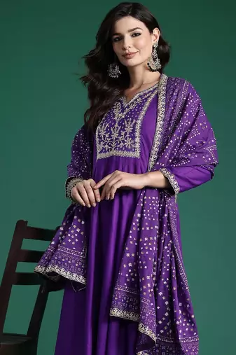 Embroidered Sequinned Kurta With Trousers & Dupatta
