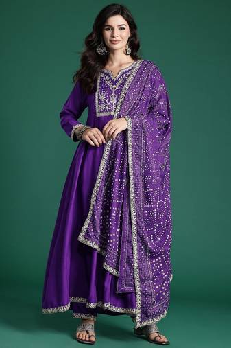Embroidered Sequinned Kurta With Trousers & Dupatta