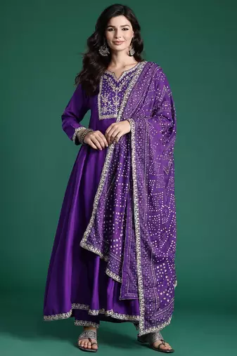 Embroidered Sequinned Kurta With Trousers & Dupatta